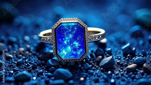 Display jewelry, Gem Presentation, Jewel Showcase. Elegant Adornment. Blue stone glimmers on dark background. Ring emits captivating glow. Showcase enhances luxurious aura.