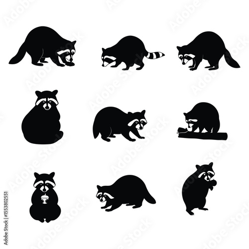 Raccoon Silhouette Vector Set – Multiple Poses of Cartoon Raccoons in Black and White .