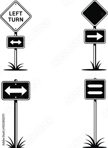 Set of Directional Road Signs Vector Illustration – Left Turn, Right Turn, Two-Way, and Lane Marking Signs