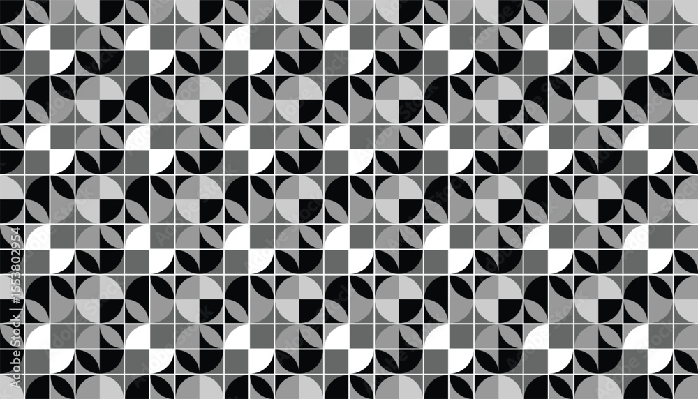 Retro abstract pattern with quarter circle motif in black and white color palette. This cheerful and smooth tile evokes a mid-century modern feel that is perfect for creative design projects