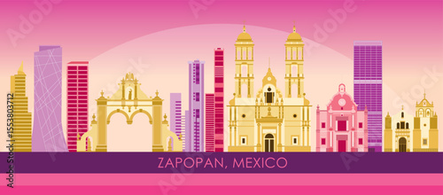 Sunset Skyline panorama of city of Zapopan, Mexico - vector illustration