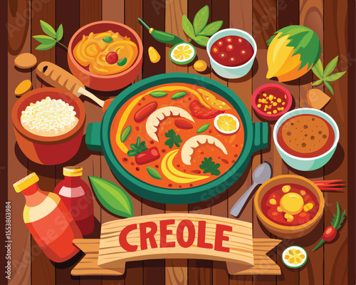 Authentic creole cuisine featuring vibrant dishes vector art design 