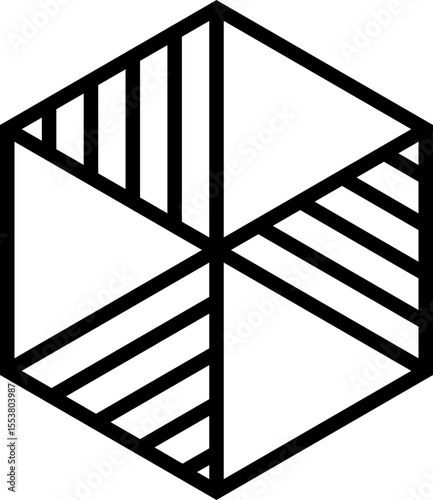 Polygon formed with six triangle divisions, three of which contain internal parallel lines, all enclosed by a thick outline.