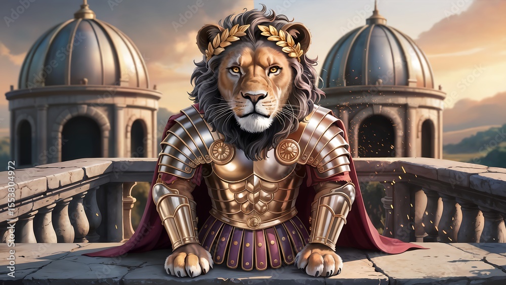 Fototapeta premium Majestic lion emperor in roman armor with laurel wreath overlooking ancient city