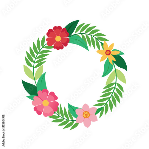 Floral wreath made of tropical flowers and leaves Vector illustration