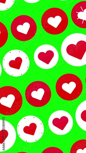 Heart Like Icons Pattern Animation with Chroma Key Green Screen. Loop-ready Stop Motion. Perfect for vertical overlays and motion backgrounds.