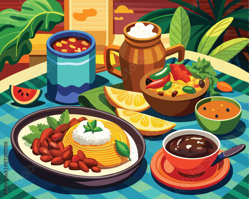 Cuban dishes featuring vibrant colors various food items vector art design 
