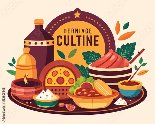 Heritage cuisine beautifully plated showing traditional various food vector art design 