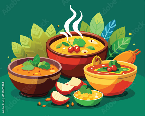 Indian curry dishes served in traditional way vector art design 