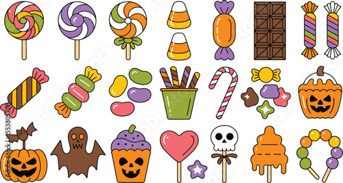 A fun, seamless cartoon illustration set of Halloween and birthday party icons with sweets and balloons