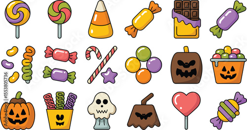 A cute cartoon vector set of birthday party food icons and celebration decorations