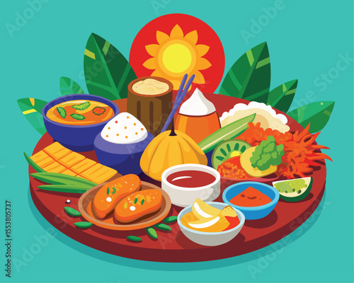 Indonesian cuisine featuring vibrant dishes vector art design 