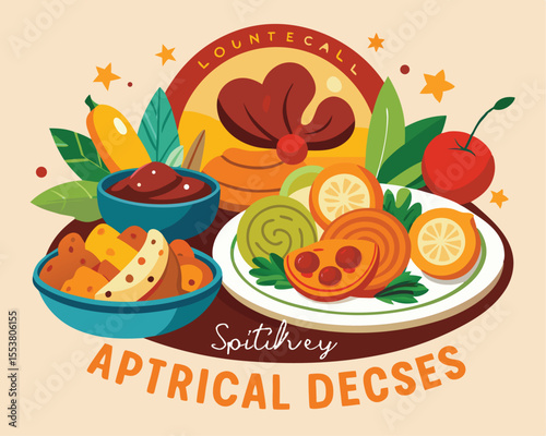 Local specialty dishes beautifully plated various food items vector art design 