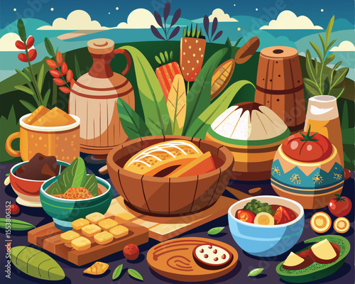 Native food spread featuring traditional food dishes vector art design 