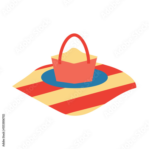 Picnic blanket spread with basket on sunny beach Vector illustration