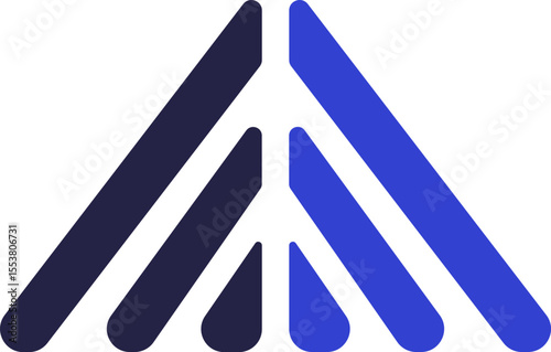 Two colors triangular icon for logo with parallel lines and divided into two halves with rounded corners
