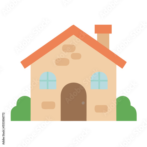 Rustic stone cottage house surrounded by lush green garden vector art design 