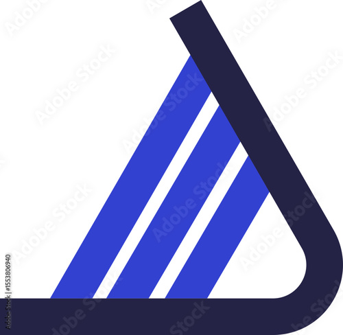Triangular icon for logo forming an acute angle with rounded corner and three diagonal and parallel stripes