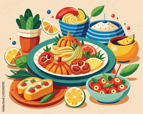 Sicilian dishes featuring vibrant colors vector art design 