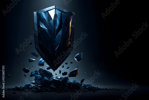 Dark angular shield hovering above shattered dark grey rocks Digital 3D rendering