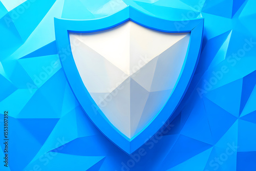 White shield icon on a low poly blue background 3D render of a security symbol