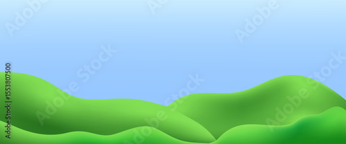 3D  landscape with green hills, mountains, and a textured grass field creates a playful eco friendly park scene.Childish vector illustration.
