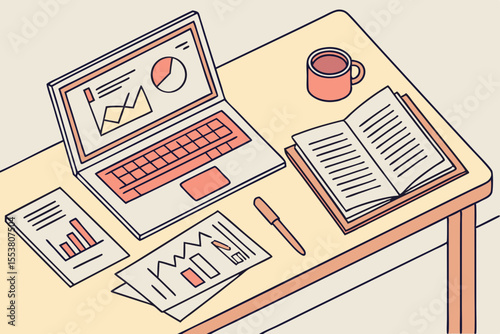 top view of desk with laptop and business reports — no people