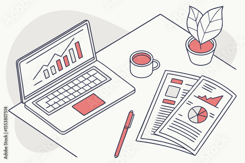 top view of desk with laptop and business reports — no people
