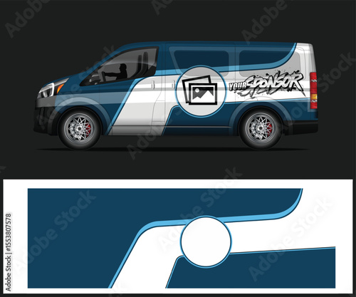 Van Wrap Design Template with Blue and White Graphics