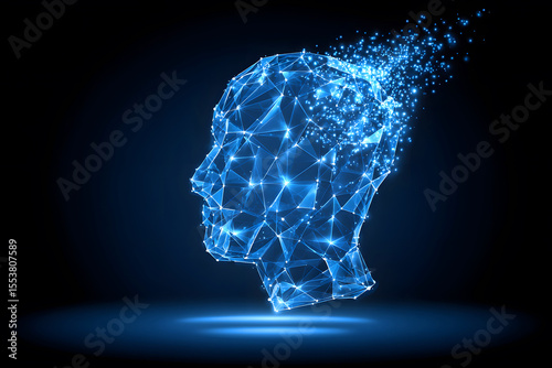 Abstract Blue Head Profile Polygonal Network Glowing Points Technology