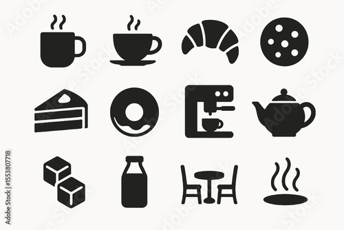 Café and breakfast icon set with solid black design.