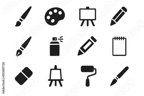 Creative vector icon pack featuring art supplies like brush, pencil, spray paint, easel, and sketch tools in minimalist black.
