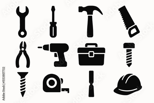 Black solid vector icons of construction tools like wrench, drill, toolbox, helmet, and tape measure.