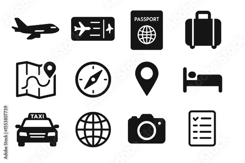 Travel and vacation themed vector icon set in black, including airplane, compass, passport, and luggage.