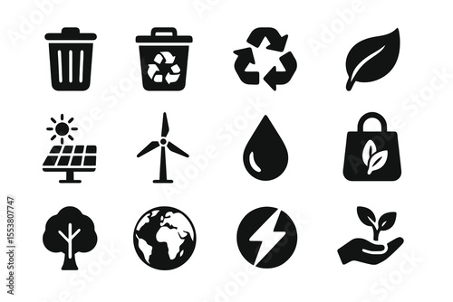 Eco-themed black vector icons including recycling, wind energy, solar panel, leaf, and sustainability elements.