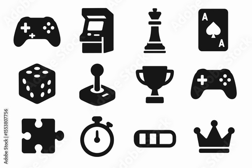 Entertainment and gaming icons in black including joystick, dice, chess piece, arcade, and trophy symbols.