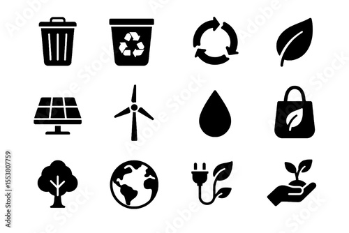 Eco icon pack featuring recycling, solar energy, leaf, earth, and sustainability icons ideal for environmental awareness visuals.