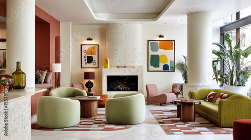Mid-century retro modern hotel's lobby, creamy white walls, sage green velvet lounge chairs, geometric artwork on the wall