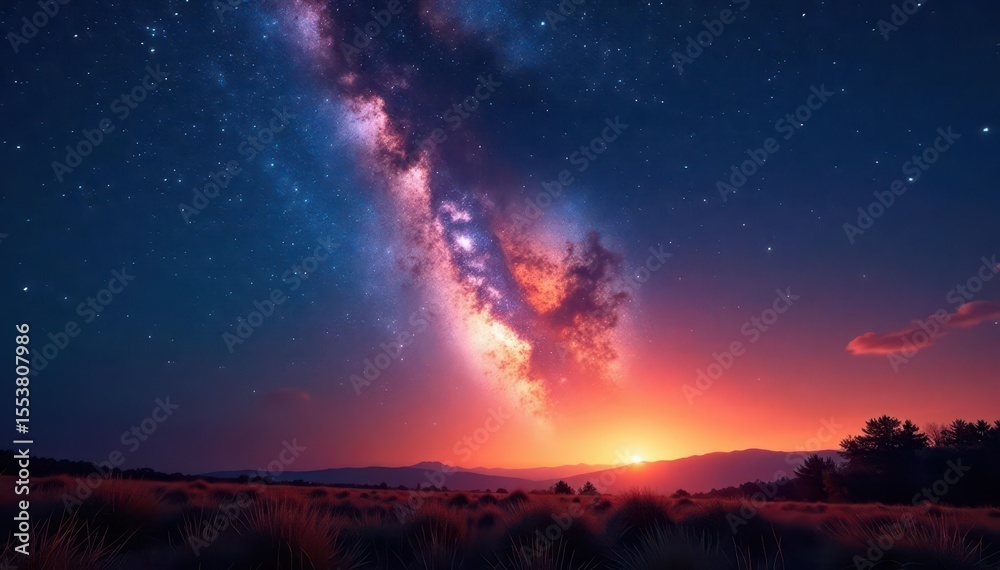 Fototapeta premium Fiery meteor streaks across night sky, igniting brushfire below , landscape, flames, darkness