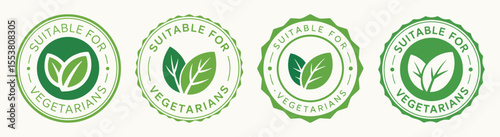 Green Suitable for Vegetarians Stamp – Eco Sticker with Leaves Icon Vector Illustration 