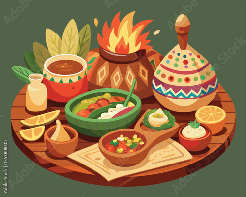 Tribal cuisine spread featuring traditional dishes vector art design 