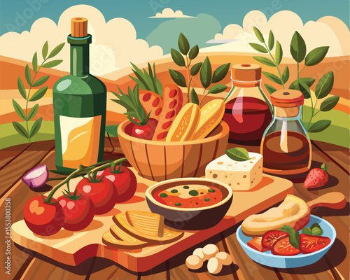 Tuscan cuisine spread featuring rustic background vector art design 