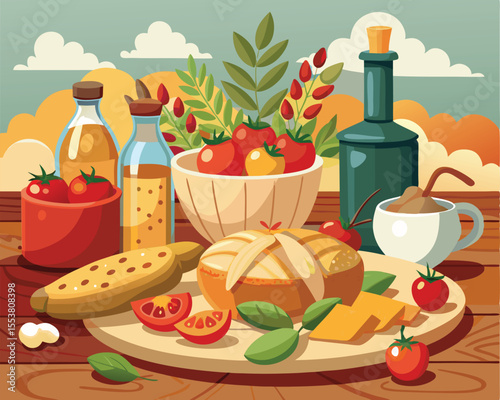 Tuscan cuisine spread featuring rustic background vector art design 
