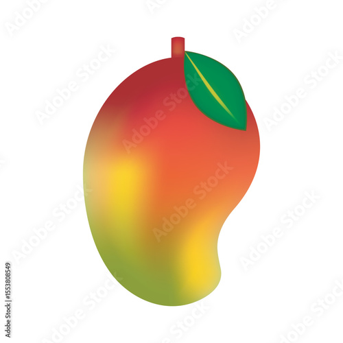 Vector illustration of a mesh gradient mango with vibrant red, yellow, and green tones, featuring a single green leaf on a clean white background. Modern tropical fruit design.