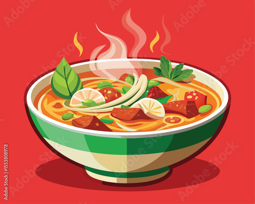 Vietnamese pho bowl with steaming vegetables and meat vector art design 