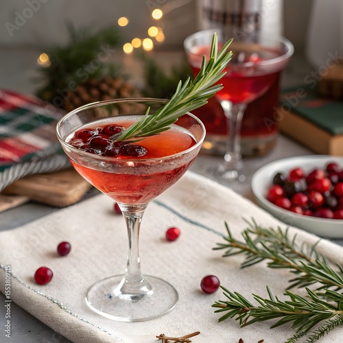 Winter Holiday Cranberry Cocktail with Rosemary Garnish and Festive Lights