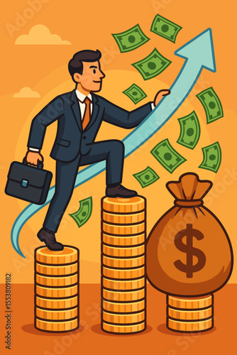 Businessman climbing coin stack ladder, a metaphor for financial growth and career success. Man walking up money chart with upward arrow. Investment, wealth and income concept.