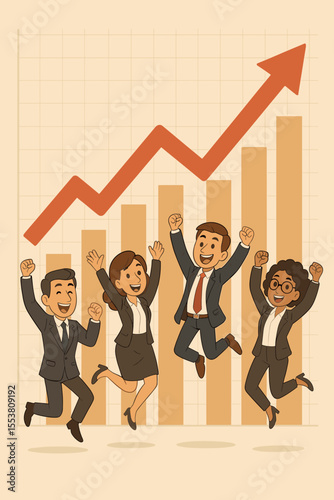 Happy business team celebrating financial success and achievement. Diverse group of professionals jumping for joy in front of a rising bar chart graph. Teamwork and growth concept.