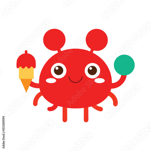 Cute crab holding ice cream cone smiling cheerfully Vector illustration