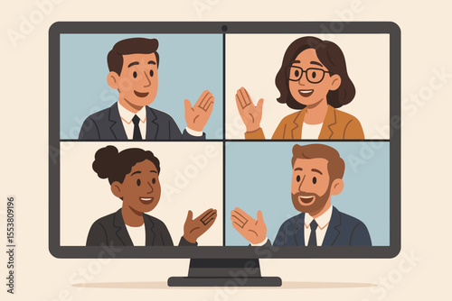 Video conference call with a diverse business team. Colleagues in a virtual meeting on a computer screen. Remote work, online discussion, and digital teamwork communication concept.